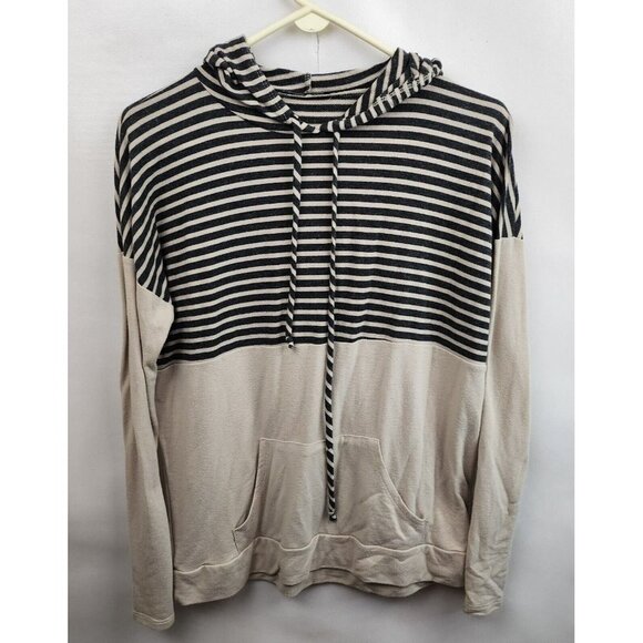 Staccato Tan Black Stripe Drop Shoulder Drawstring Pullover Hoodie Medium - Picture 1 of 5